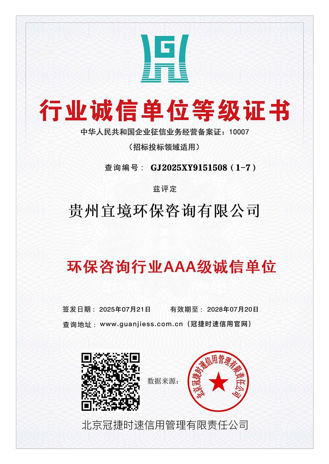 行业诚信单位等级证书